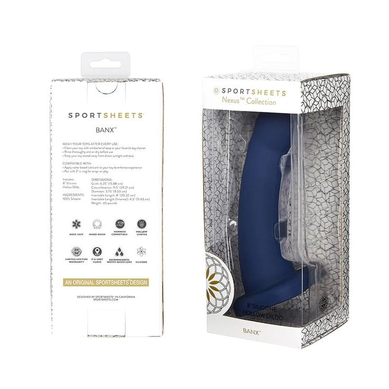 Dildo hueco 8” Sportsheets Nexus collection Banx azul marino
